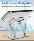 Adjustable Laptop Stand For Desk With Ergonomic Design, Ventilated Cooling, And Foldable Metal Riser in use with laptop, side view