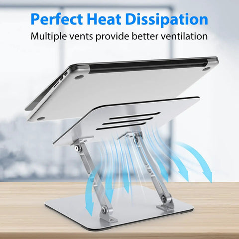 Adjustable Laptop Stand For Desk With Ergonomic Design, Ventilated Cooling, And Foldable Metal Riser in use with laptop, side view