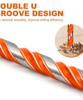 Masonry drill bit with orange spiral coating; side close-up view