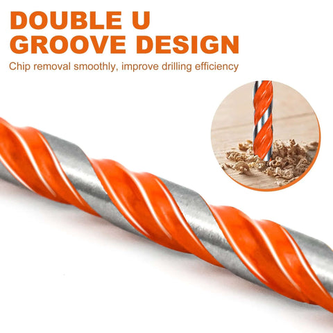 Masonry drill bit with orange spiral coating; side close-up view