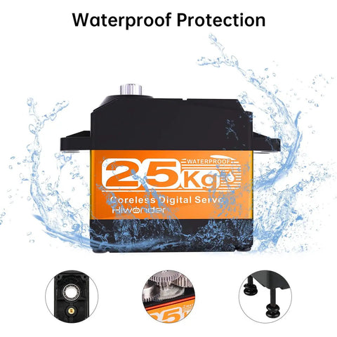 Hiwonder 25KG Servo Motor Waterproof High Torque Servo with splash-resistant design, showing detailed components and gear structure