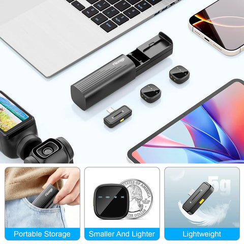 AI Noise Reduction Wireless Lavalier Mic With USB C For Android And iPhone 15 16 17 with charging case and devices