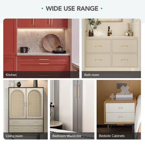 Ten Pack 5 Inch Champagne Bronze Cabinet Handles in Solid Zinc Alloy installed in various home settings like kitchen, bathroom, and bedroom.