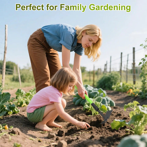 Woman and child using Versatile Telescoping Dual Head Garden Weeder And Cultivator With Adjustable Handle in backyard garden.