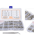 Cup Point Set Screw Kit With 304 Stainless Steel Grub Screws M2 Through M8, includes hex wrenches, tweezers in plastic case.