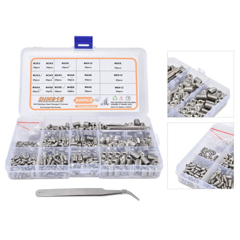 Cup Point Set Screw Kit With 304 Stainless Steel Grub Screws M2 Through M8, includes hex wrenches, tweezers in plastic case.
