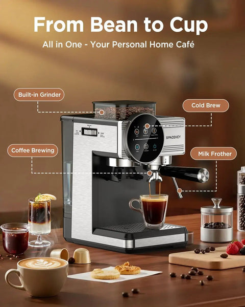 All In One Espresso Machine With Grinder And Milk Frother, 20 Bar Pump, Cold Brew, 30 Grind Settings, 60oz Removable Tank