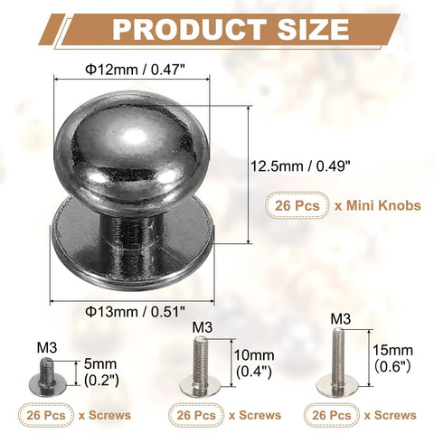 Set Of 26 Mini Drawer Pulls With Screws For Jewelry Boxes Dresser Closet Gray Round Metal Cabinet Knobs 12x13mm size detail