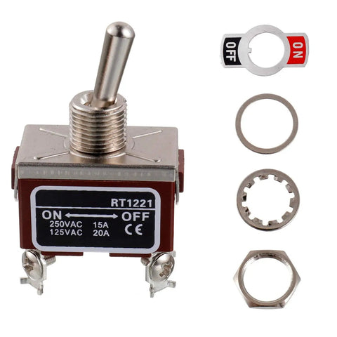 RT1221 DPST Toggle Switch 125V 20A and 250V 15A rocker with metal waterproof cap, 4 terminal pins, components shown