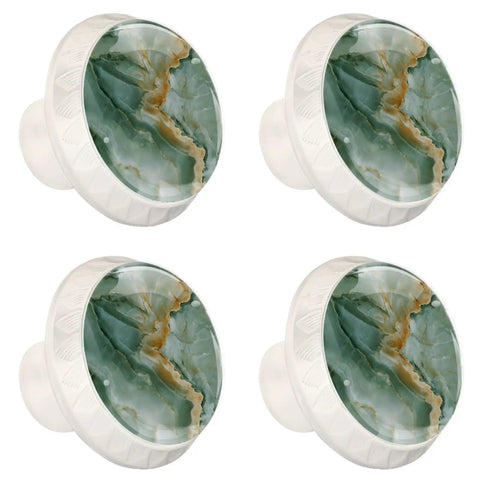 Kick Up Your Decor Game With These Four Sage Green Marble Texture Round Cabinet Knobs Featuring Slick Crystal Glass Finish Sturdy Drawer Pulls For Dressers Kitchen And Nursery Spaces, set of four 35mm round knobs.