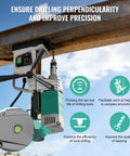 Portable Magnetic Drill Press With 2923 Lbs Electromagnetic Base, Variable Speed Motor For Steel And Metal Fabrication Jobs, close-up view showing level and controls.