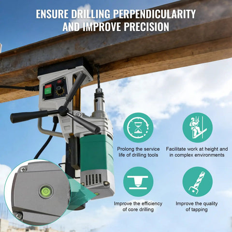 Portable Magnetic Drill Press With 2923 Lbs Electromagnetic Base, Variable Speed Motor For Steel And Metal Fabrication Jobs, close-up view showing level and controls.
