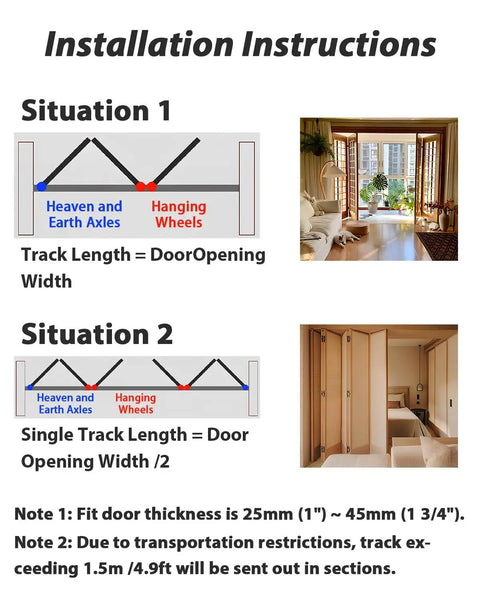 Installation diagram for Ultimate Folding Door Track Kit With Wall Mounted Rail And Silent Ball Bearing Rollers Fits Wood Doors 25 To 45mm Thick With Adjustable 90cm To 3 Meter Run No Bottom Track Means Easier Cleaning While Installing Is A Breeze For Smooth Operation, showing track lengths and door setups