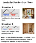 Installation instructions for Sliding Folding Door Gear System For 3 Panels With 90 To 300 Cm Tracks Silent Rollers Stainless Steel For Wood 25 To 45 Mm Thick Fast Install No Bottom Track Totally Smooth Ride Really Easy Clean For Your Kick Ass House Upgrade, showing track setup diagrams and room examples