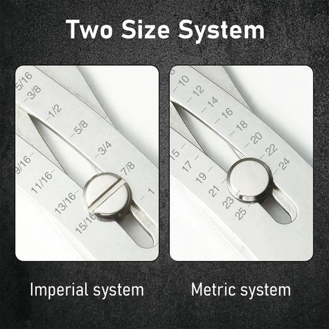 Acouza two-piece silver thread size checker keychain set with imperial and metric scales.