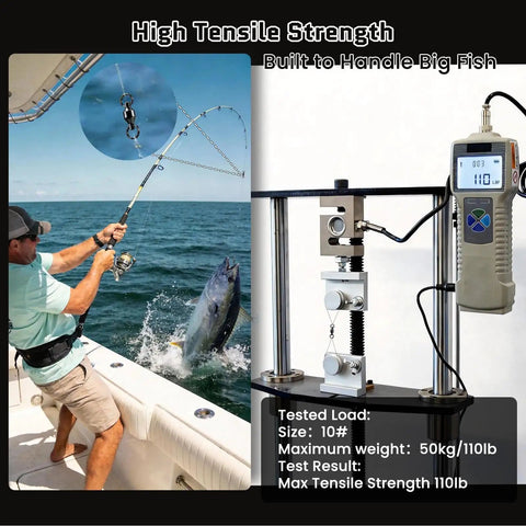 Ball Bearing Swivels With Split Rings And Quick Snap Fishing Clips For Faster Lure Changes, Durable High Strength Tackle Gear For Swapping Hooks, Lures, Or Spinner Blades, size 10#, 110 lb tested