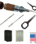 Heavy Duty Sewing Awl Repair Tool For Bounce Houses Inflatables Leather Thick Fabric Shoes Bags And Upholstery Includes Needles And Thread Made In USA Pro Grade with needles and thread displayed.