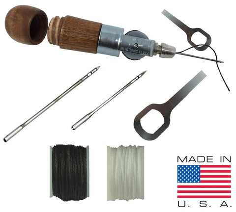 Heavy Duty Sewing Awl Repair Tool For Bounce Houses Inflatables Leather Thick Fabric Shoes Bags And Upholstery Includes Needles And Thread Made In USA Pro Grade with needles and thread displayed.