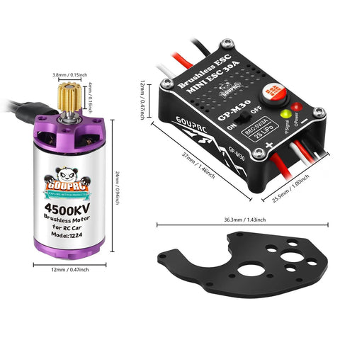 1224 4500KV Brushless Outrunner Motor With Mount And 30A ESC Upgrade For SCX24 RC Crawler Axial One Twenty Four Scale Buggy Truck Delivers Smooth Power Quiet Operation Easy Install Stable Climb On Tough Terrain, featuring motor, ESC, and mount dimensions