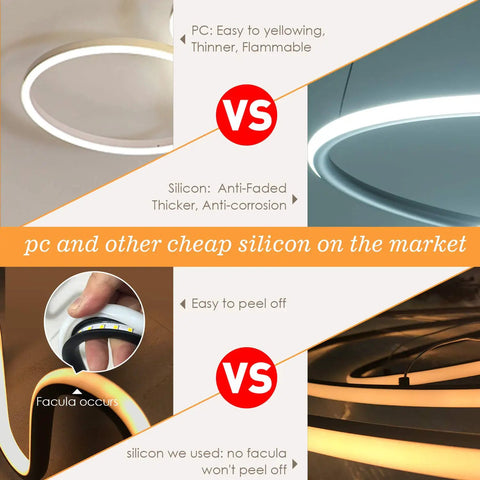 Comparison of materials for Sleek Modern LED Pendant Ring Chandelier With Dimmable Cool White 6000K Light For Dining Room And Foyer Silver Round Ceiling Fixture UL Listed Driver Easy Dim From Very Dim To Full Brightness On Your Standard Dimmer, showing durability differences.