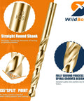 Drill bit set: M35 cobalt HSS twist bits, 1–10 mm, 19 pcs, straight shank; WildBossy logo visible.