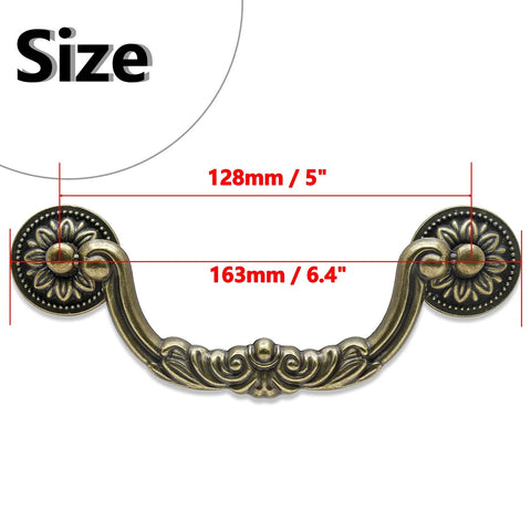 4 Pack Vintage Drop Bail Drawer Pulls Antique Bronze Cabinet Handles shown with 5 inch hole spacing and 6.4 inch total length