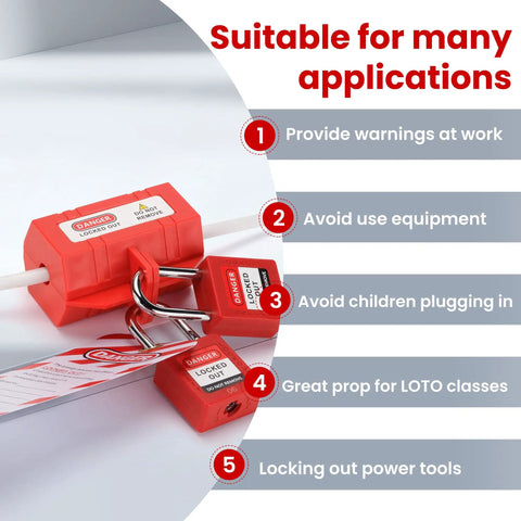 Industrial Grade Electric Plug Lockout Device for 110V to 125V Cords, red with Danger Locked Out Do Not Remove label, two pack