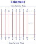 Schematic of DIN Rail Mount 30-Position Screw Terminal Block Distribution Module With 24A Per Position, connection layout