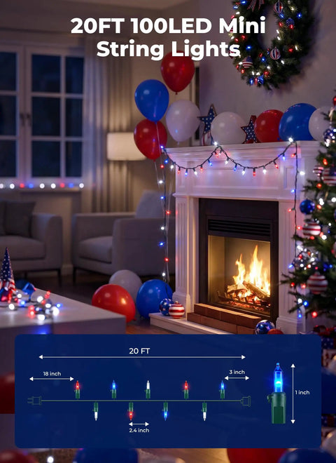 Red White Blue LED Christmas String Lights 100 Count 20 Feet Patriotic Outdoor Indoor Mini Light Set for Fourth of July