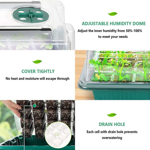Details of Two Pack Seed Starter Tray With Grow Light, 80 Cell Seed Starting Kit, Seedling Starter Trays With Grow Lights, Plant Germination Trays With Humidity Dome, highlighting adjustable humidity dome, tight cover and drain hole features