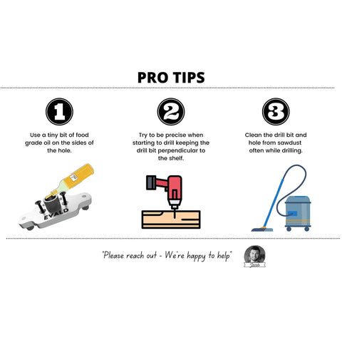 Illustration of doweling jig kit tips for use, including food grade oil, precise drilling, and cleaning of sawdust