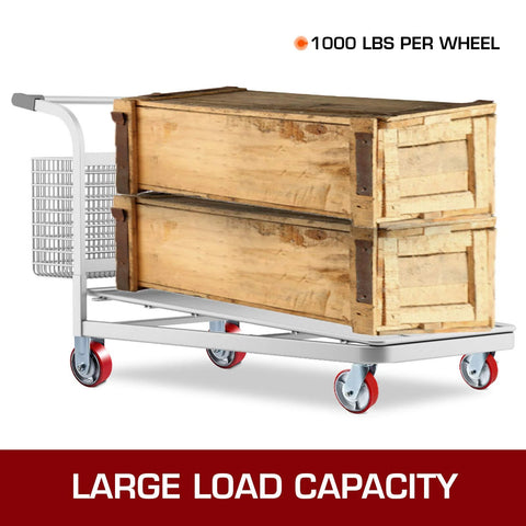 Cart with 6 Inch Heavy Duty Caster Wheels Set Of 4 With 2 Rigid And 2 Swivel Casters And Side Brake loaded with wooden crates