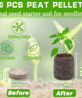No Fuss 100 Pcs 30mm Peat Pellets Seed Starter Pods Plugs showing compressed and expanded states with seedling growth.