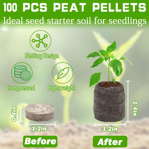 No Fuss 100 Pcs 30mm Peat Pellets Seed Starter Pods Plugs showing compressed and expanded states with seedling growth.