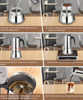 Steps for using Stainless Steel 4 Cup Stovetop Espresso Maker Moka Pot For Home And Camping Induction Compatible Mocha Coffee Brew With Rich Aroma In Just 5 Minutes 200 ml 6.6 oz