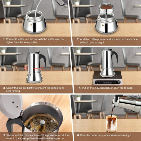 Steps to use 2 Cup Stovetop Espresso Maker Stainless Steel Moka Pot For Home Or Camp Easy Brew Induction Ready with images