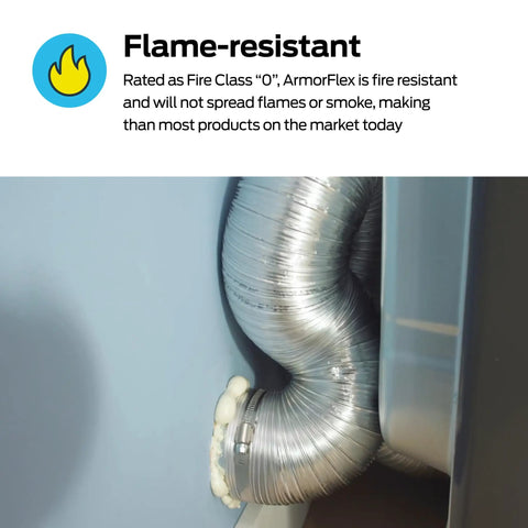 ArmorFlex Dryer Vent 8 Foot Flexible Aluminum Duct with Clamps installed, showcasing semi-rigid fire-resistant tubing.