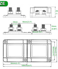 Technical diagram showcasing dimensions of Heavy Duty 400A 12V 48V DC Copper Busbar Power Distribution Block.