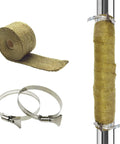 Fireproof Pipe Wrap Insulation 2 Inch Wide 16 Foot Long Fiberglass Heat Shield Tape For Stove Flue Protector With Adjustable Clamps Titanium Finish Coating shown wrapped on a pipe with clamps and a roll of tape