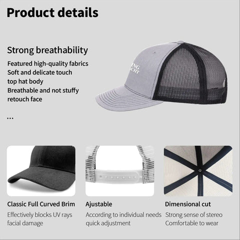Vintage Heather Grey Trucker Hat For Women, Yacht Inspired Summer Cap, side view with breathable mesh back and adjustable buckle.