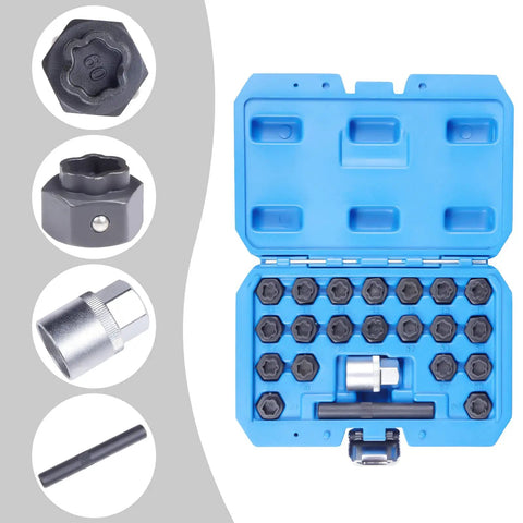 22-Piece Wheel Locking Nut Key Kit Remover Set For BMW F-Series With Extended Rod And Ergonomic Handle To Snatch Stolen Lug Nuts Easily Without Breaking A Sweat, blue case
