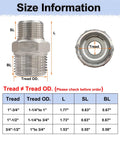 Size information for 4 Pack 3/4 to 1/2 NPT Reducing Hex Nipples, 304 Stainless Steel, with length, SL, BL dimensions and tread details.