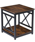 Smooth Industrial Side Table With Built Tough X Frame And Rustic Brown Wood Top Offers Two Tier Storage Shelf Works Like Magic As A Sturdy Nightstand Or Bedside Stand For Living Room Setup, showcasing a rustic brown wood top and steel X frame.