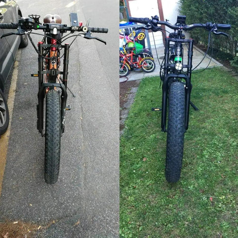 Front view of bikes with Beefy Fat Tire Mountain Bike Fork With 180mm Travel, 135mm Hub Spacing, 9mm QR, 74mm Disc, Double Crown Suspension
