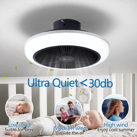 Bladeless Ceiling Fan With Lights Remote Control Three Color Temperature Adjustable Wind Speeds Quiet Enclosed Low Profile Ceiling Fan For Your Bedroom Or Living Room With Built In Copper Motor shown installed