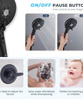 Close-up of 8 Inch High Pressure Rain Shower Head With Handheld Spray Duo Shower Head Set, on/off pause button, matte black