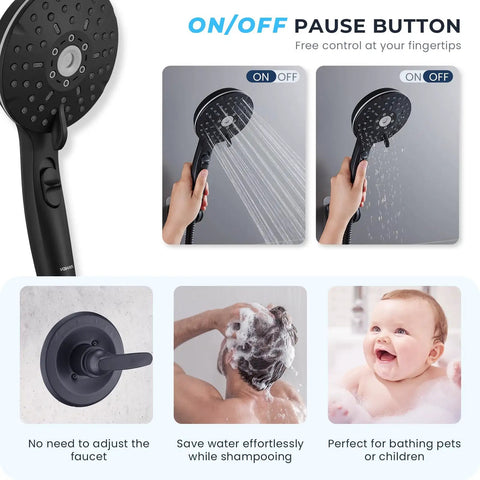 Close-up of 8 Inch High Pressure Rain Shower Head With Handheld Spray Duo Shower Head Set, on/off pause button, matte black