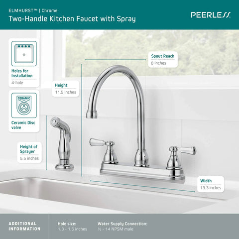Elmhurst Two-Handle Kitchen Faucet With Spray, Deck-Mount Chrome Finish, 360 Degree Gooseneck Swivel for Easy Toggling, ADA Compliant, Fits 4-Hole Install, Ceramic Cartridge, 1/2 In NPSM Inlets, Anti-Siphon Valve, Easy Install