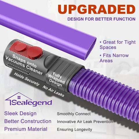 Detailed view of purple Dyson Compatible Dryer Lint Vacuum Attachment Hose showing upgraded design and tight space fit.