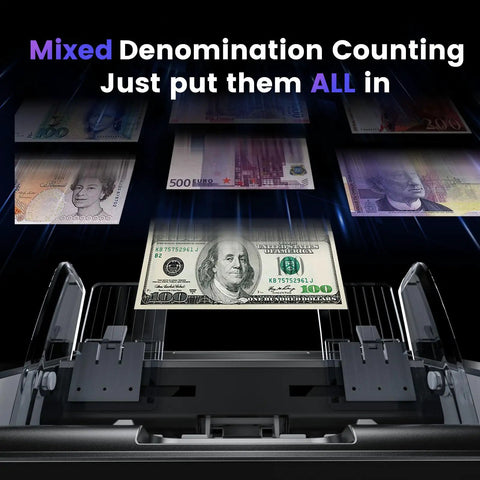 Mixed Denomination Money Counter With Counterfeit Detection, Touch Screen, And 2CIS UV MG IR DD DBL HLF CHN Sensors processing banknotes